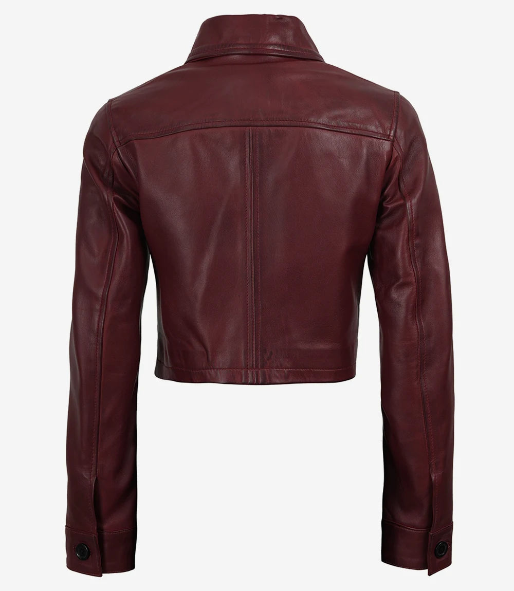Women's Burgundy Wax Cropped Leather Harrington Jacket