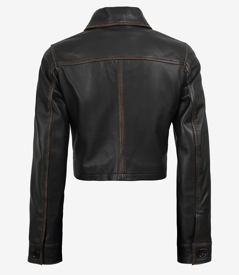Women's Vintage Dark Brown Cropped Leather Harrington Jacket