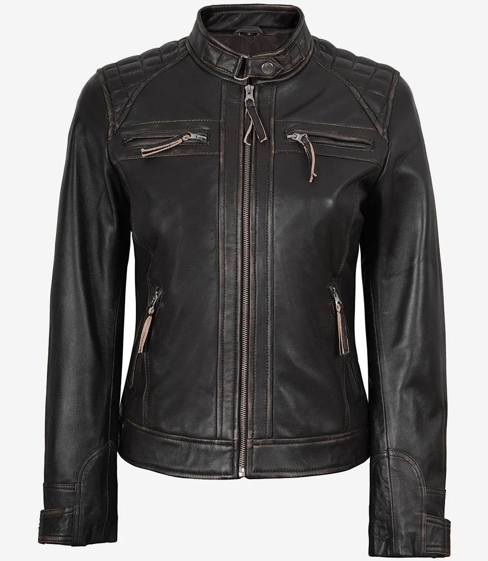 Women's Rub Off Dark Brown Quilted Leather Cafe Racer Jacket