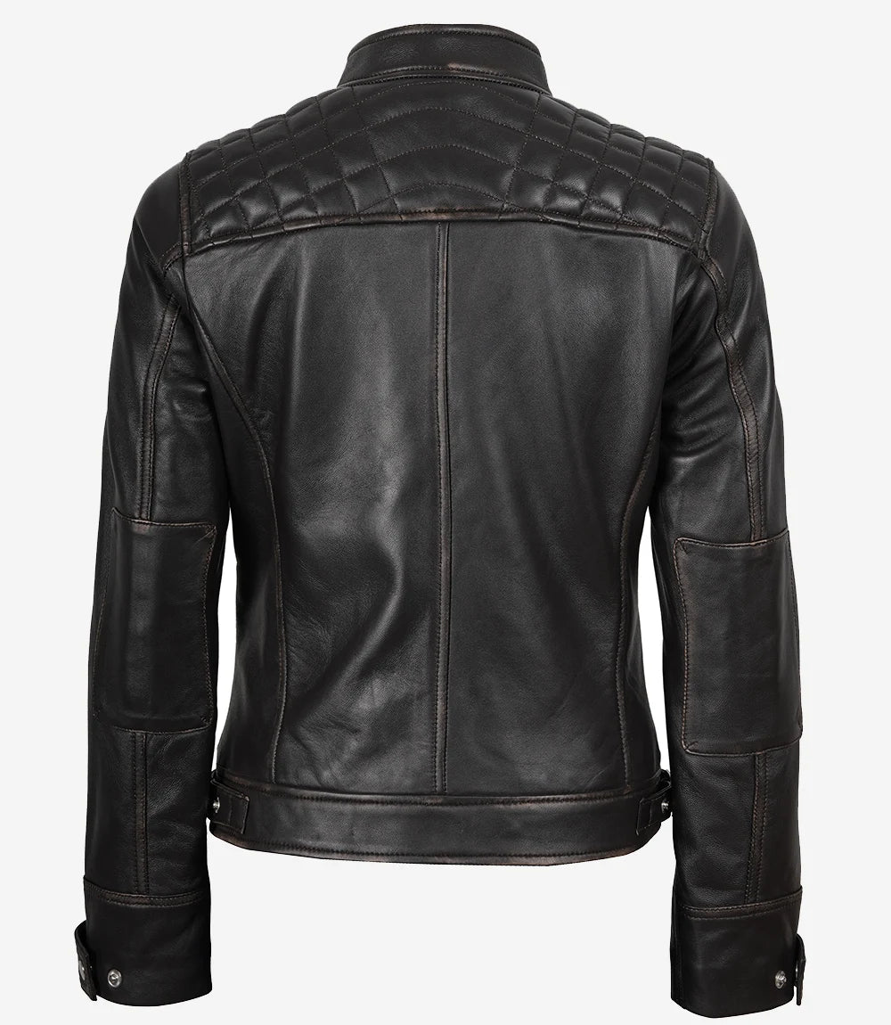 Women's Rub Off Dark Brown Quilted Leather Cafe Racer Jacket