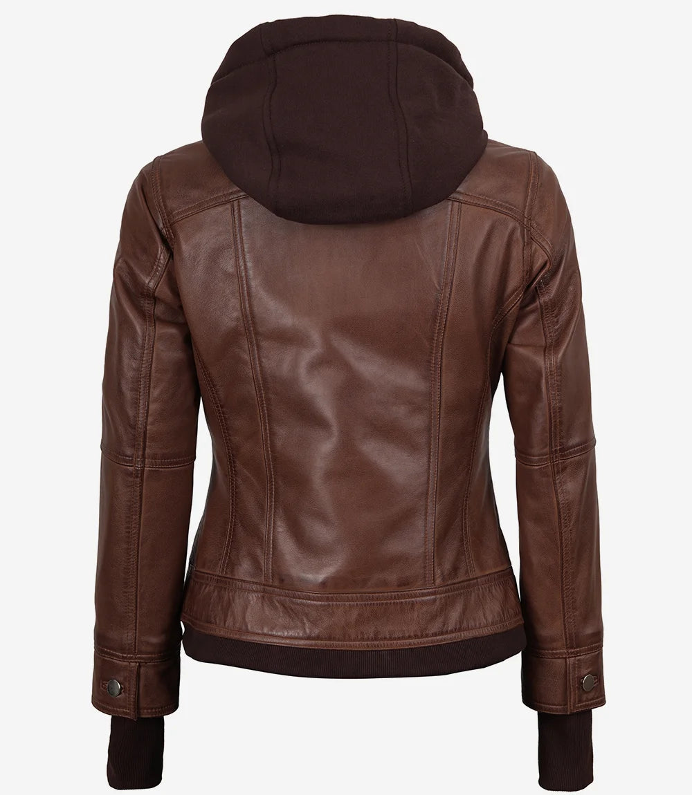 Brown Wax Women's Bomber Leather Jacket — Removable Hood