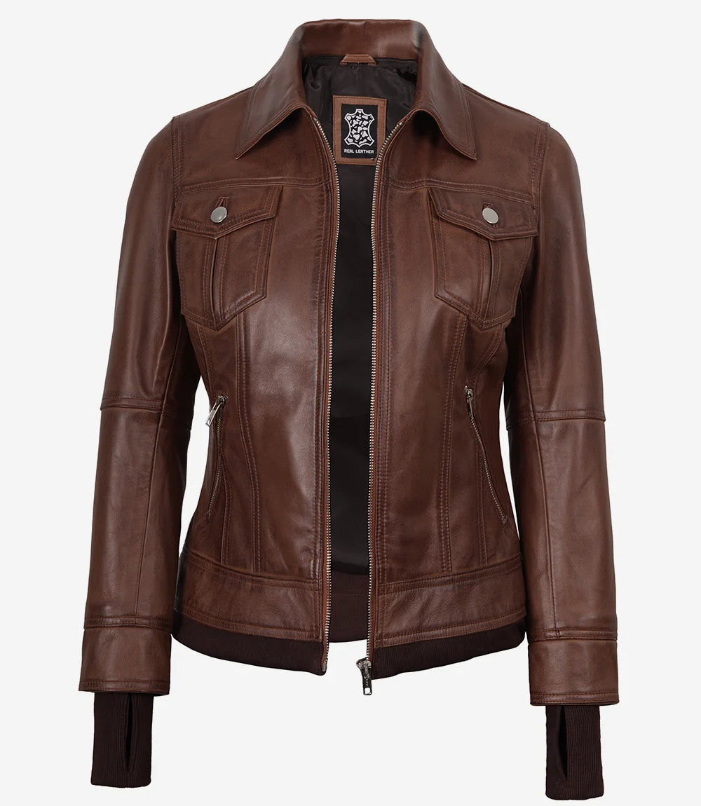 Brown Wax Women's Bomber Leather Jacket — Removable Hood
