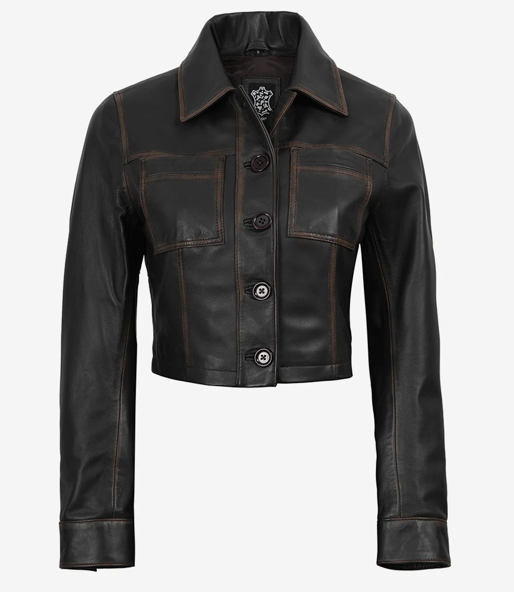 Women's Vintage Dark Brown Cropped Leather Harrington Jacket