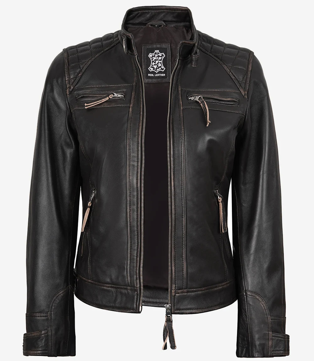 Women's Rub Off Dark Brown Quilted Leather Cafe Racer Jacket