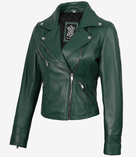Women Biker Real Leather Green Jacket