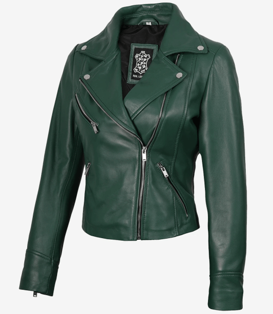 Women Biker Real Leather Green Jacket
