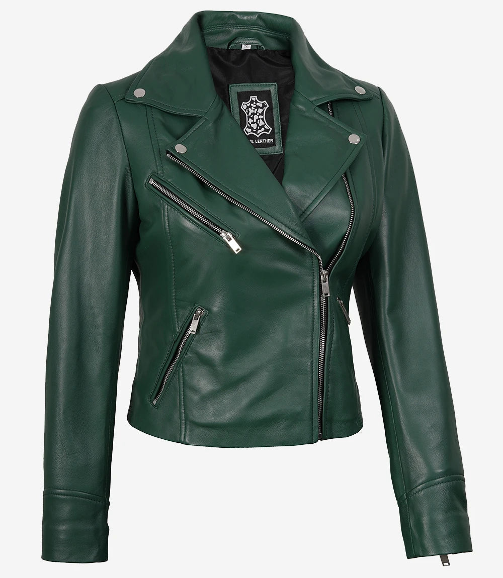 Women Biker Real Leather Green Jacket