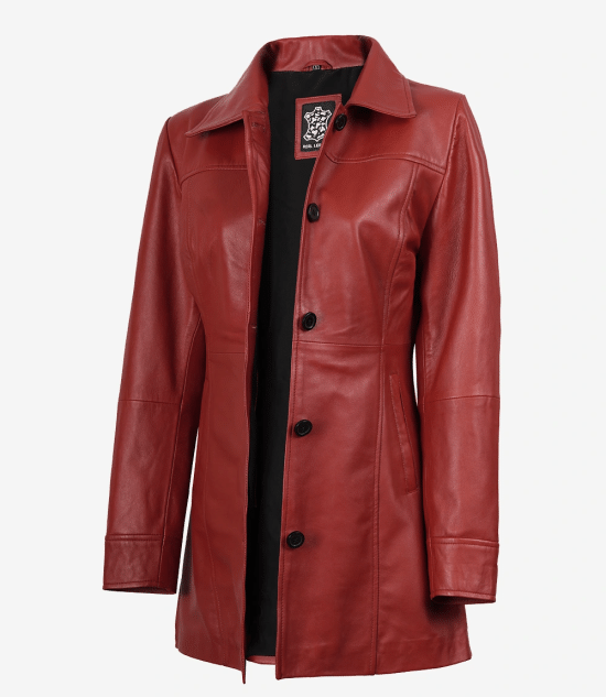 Women's Red Real Leather Car Coat