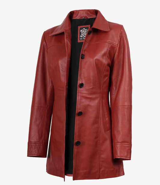 Women's Red Real Leather Car Coat