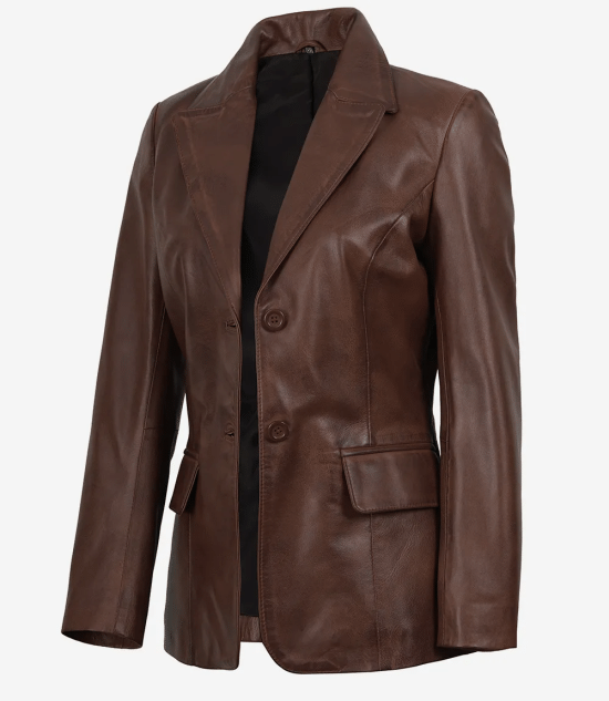 Women's Two Button Cognac Wax Real Leather Blazer