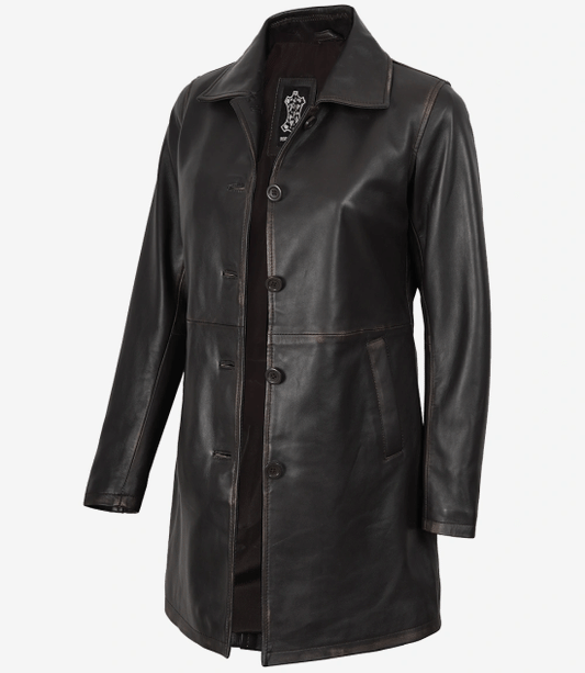 Women's Vintage Dark Brown Lambskin Leather Car Coat