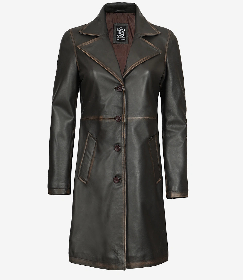 Women's Rub Off Dark Brown Leather Coat