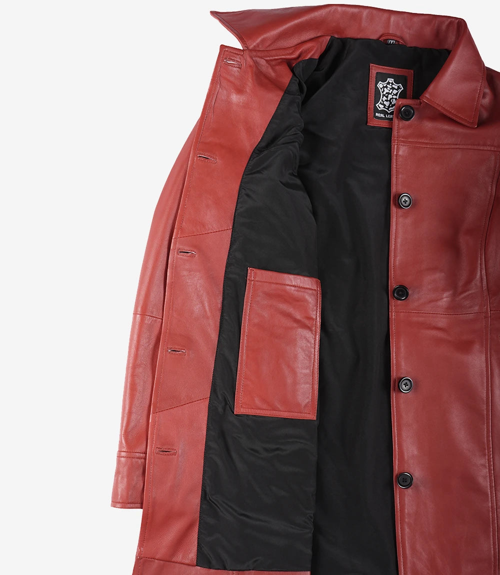 Women's Red Real Leather Car Coat