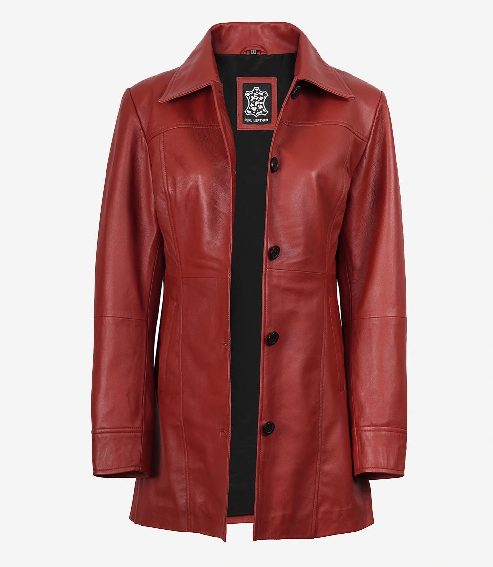 Women's Red Real Leather Car Coat