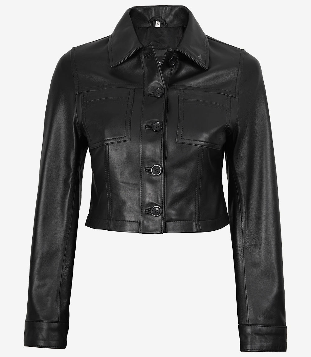 Mable Women's Black Cropped Harrington Leather Jacket
