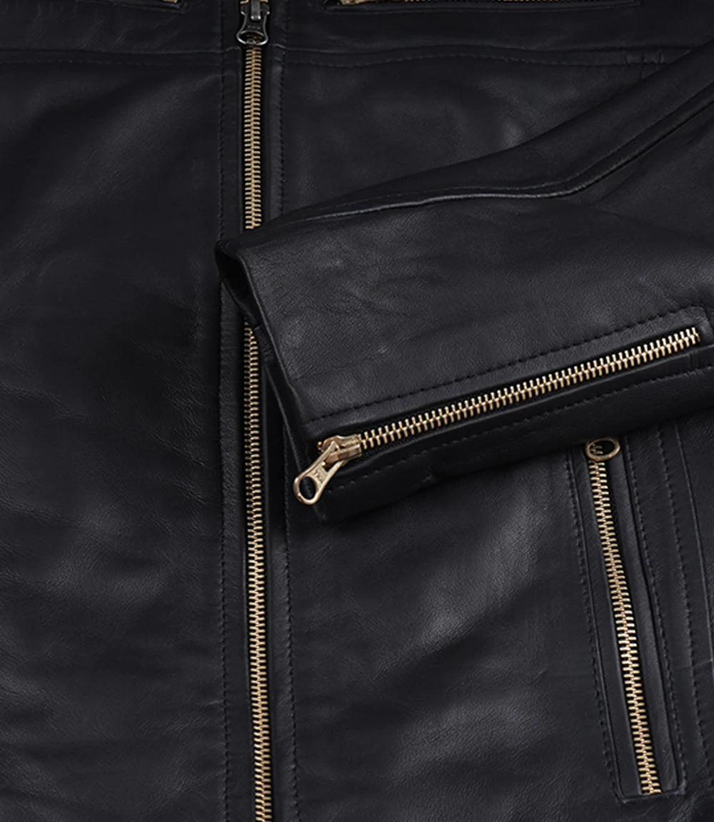 Women's Black Biker Style Leather Jacket - Golden Hardware