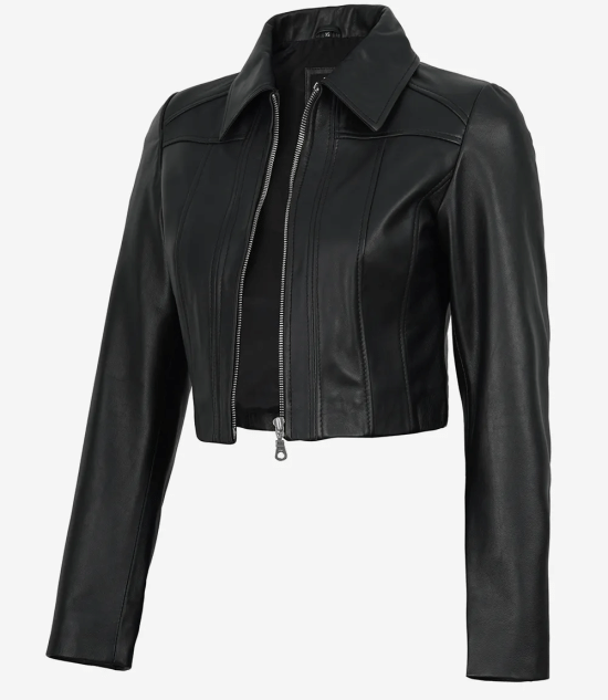 Women's Black Cropped Harrington Leather Jacket