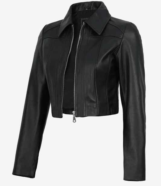 Women's Black Cropped Harrington Leather Jacket