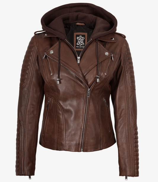 Women's Cognac Biker Style Leather Jacket with Removable Hood