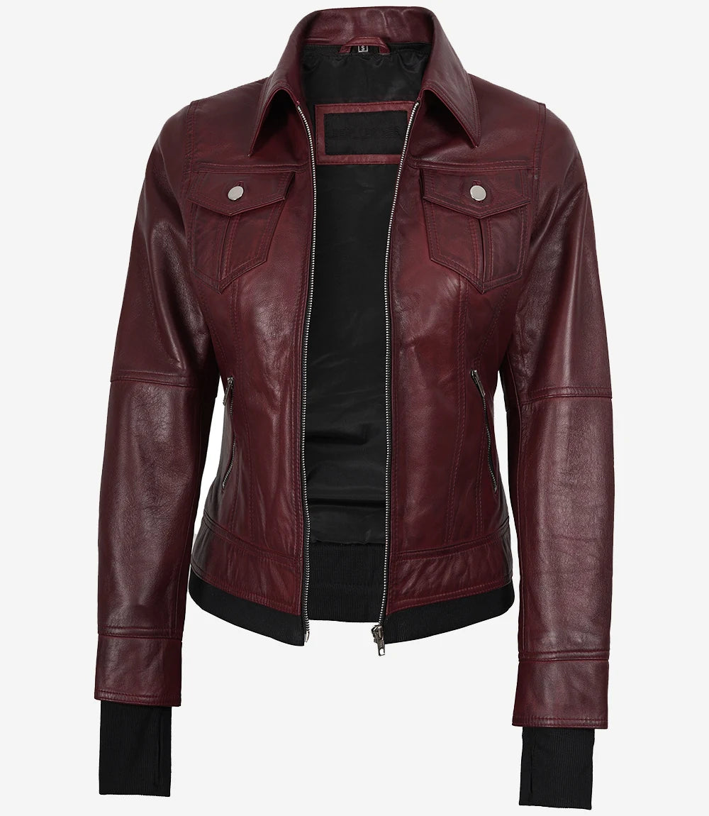 Women's Burgundy Hooded Leather Jacket
