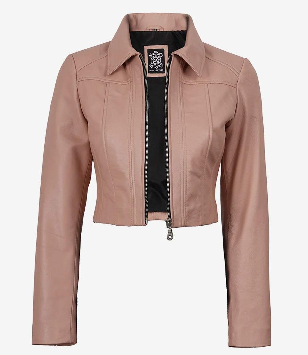 Women's Pink Cropped Leather Harrington Jacket