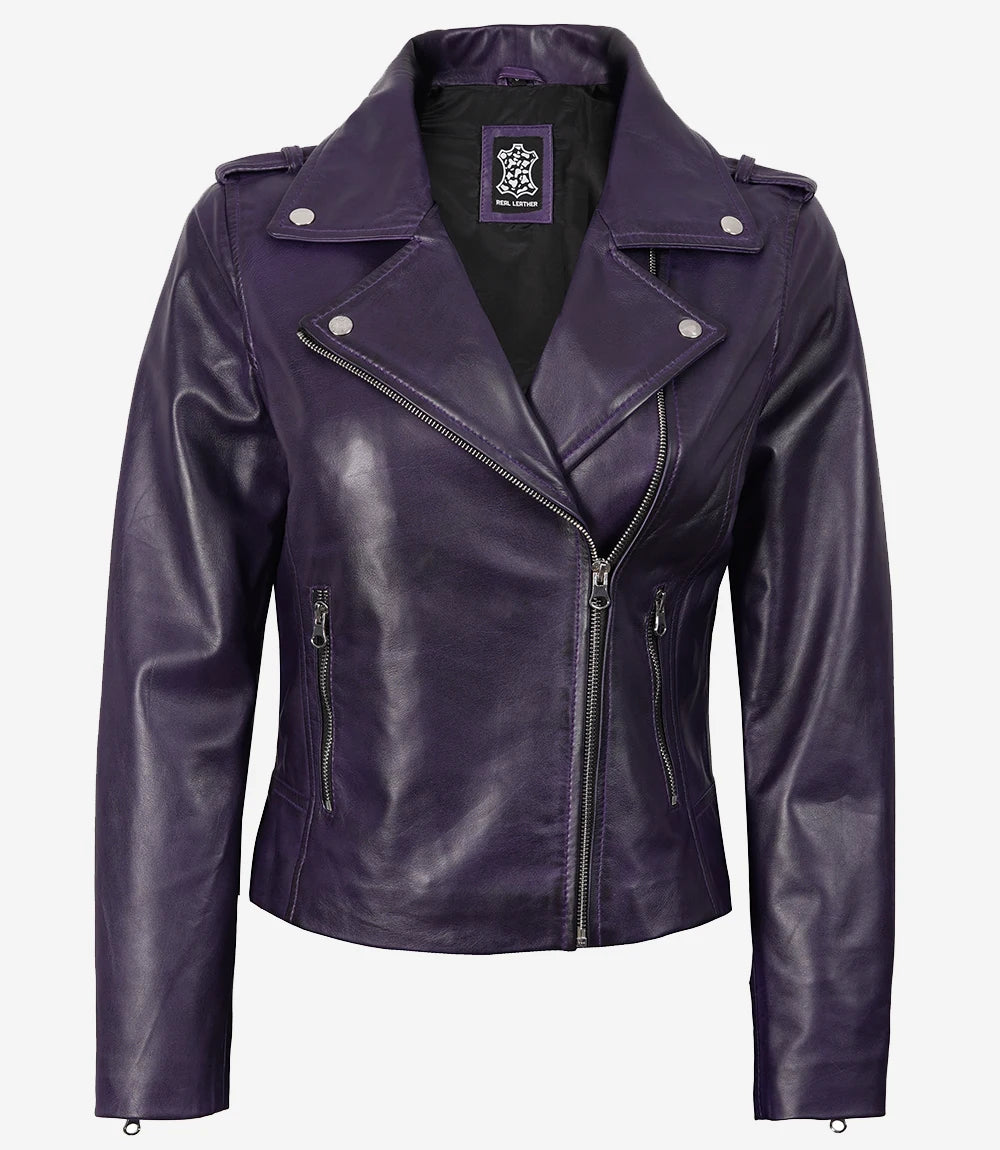 Women's Purple Wax Asymmetrical Biker Leather Jacket