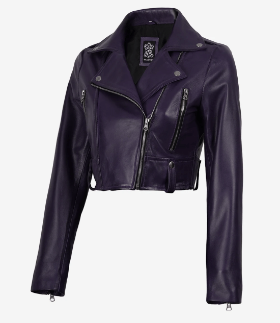 Women's Cropped Purple Biker Style Real Leather Jacket