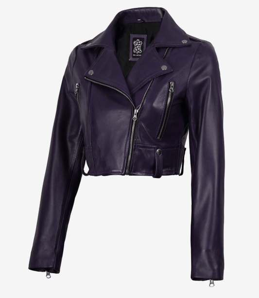 Women's Cropped Purple Biker Style Real Leather Jacket
