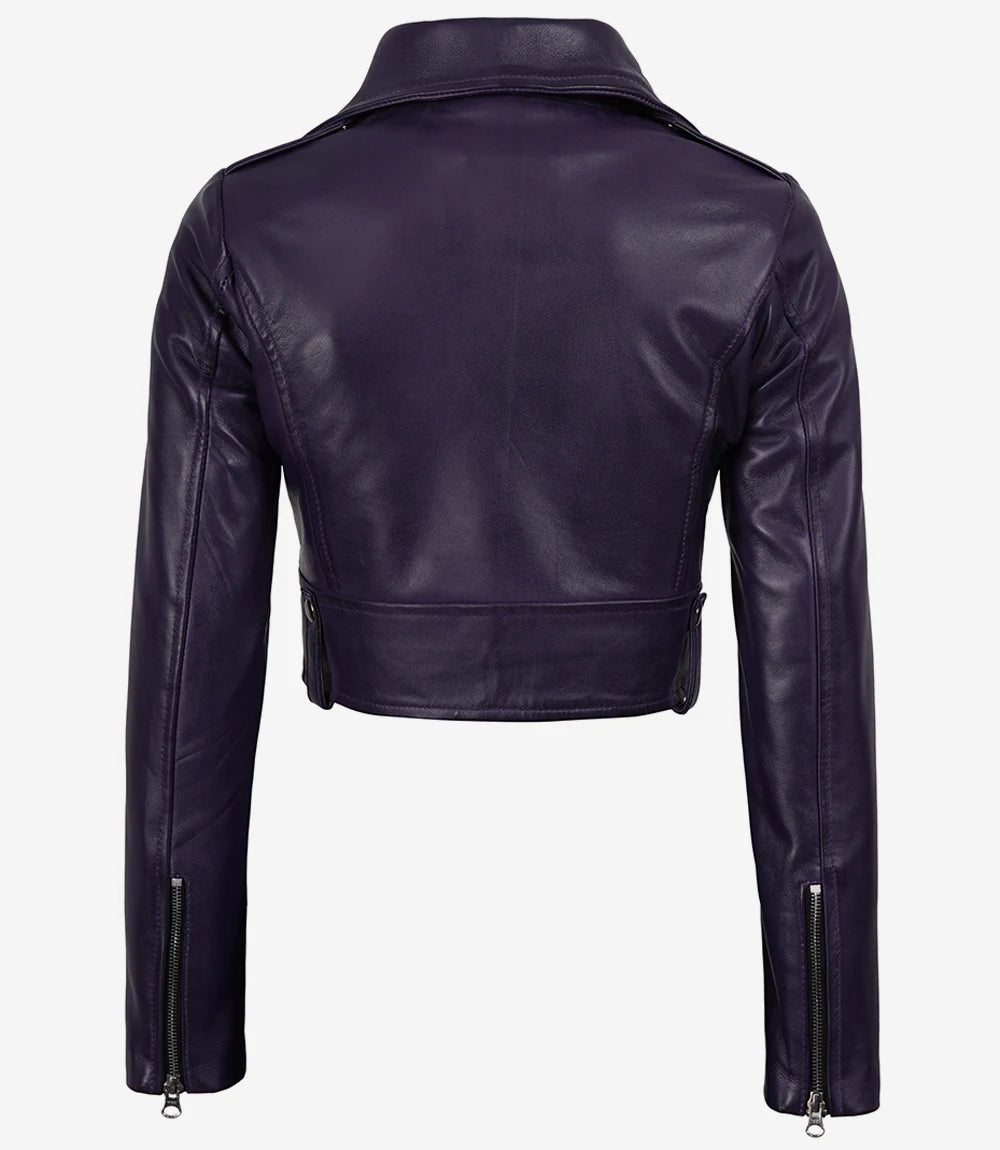 Women's Cropped Purple Biker Style Real Leather Jacket