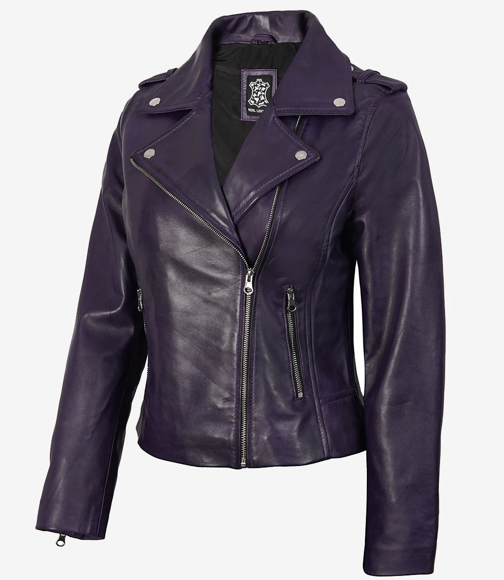 Women's Purple Wax Asymmetrical Biker Leather Jacket