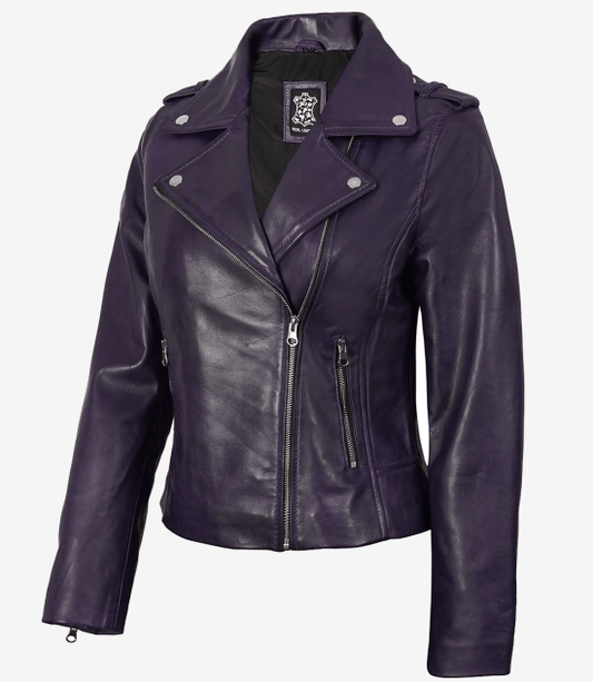 Women's Purple Wax Asymmetrical Biker Leather Jacket