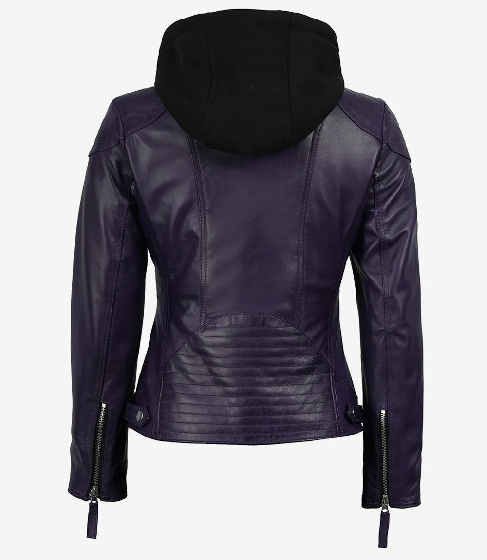 Women's Purple Real Leather Jacket With Removable Hood
