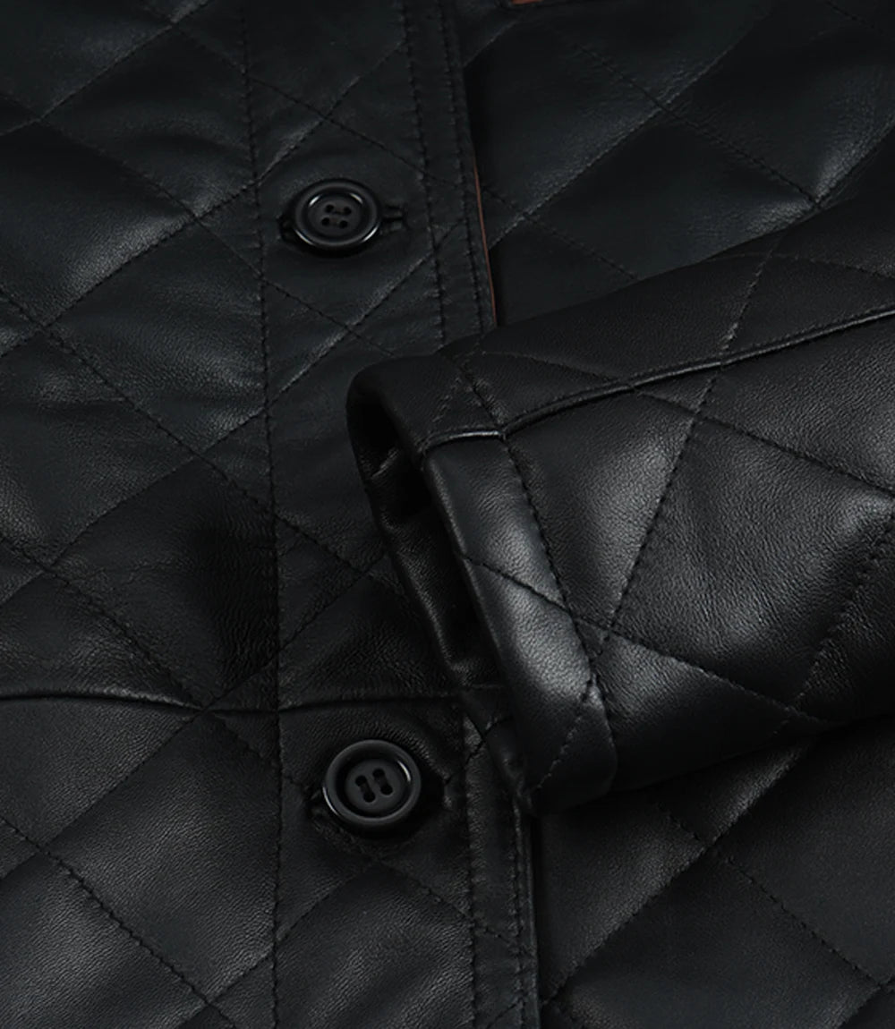 Women's Black Diamond Quilted Leather Jacket with Brown Trim