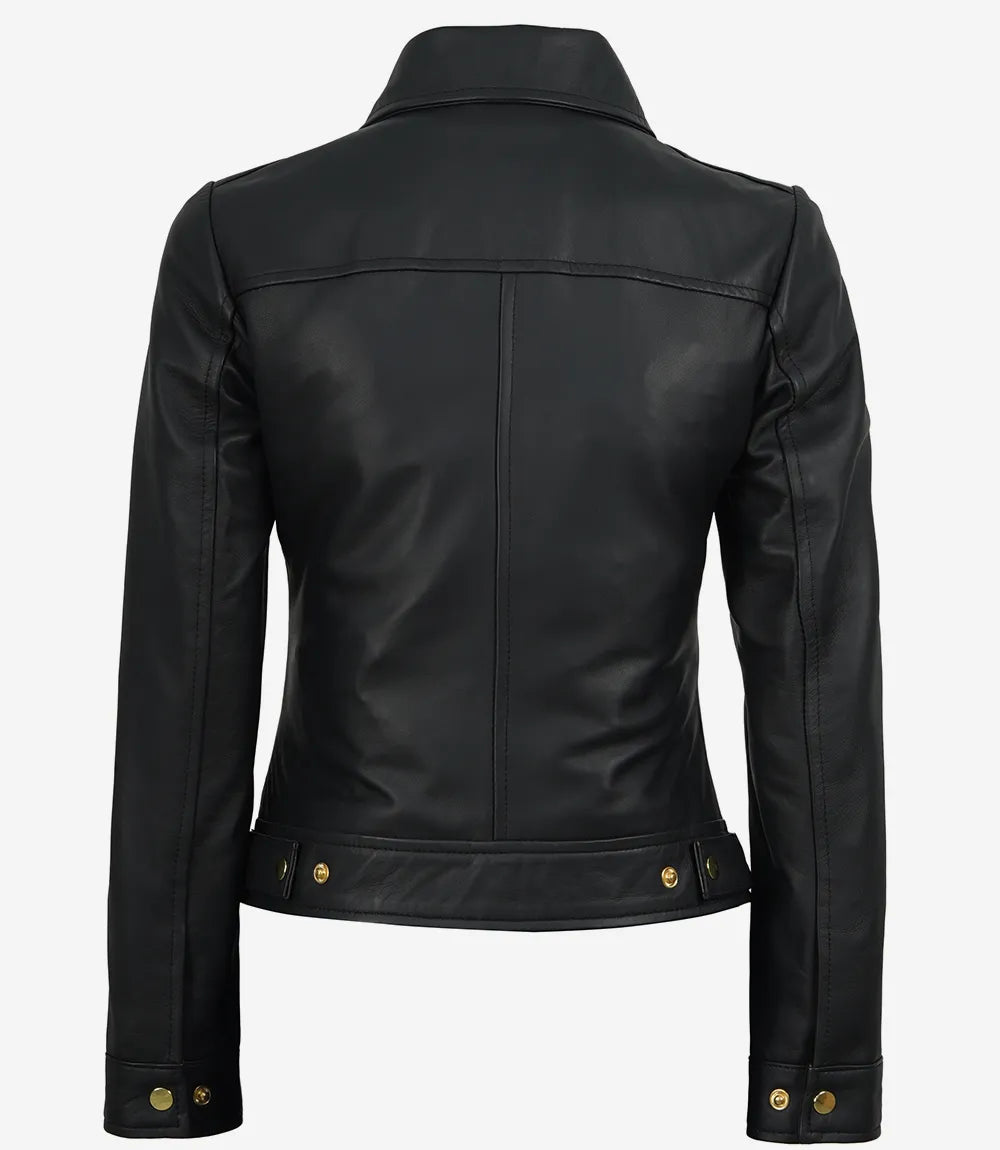 Women's Black Harrington Leather Jacket – Golden Accents