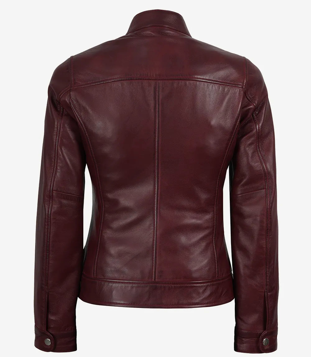 Women's Burgundy Wax Lambskin Leather Biker Jacket