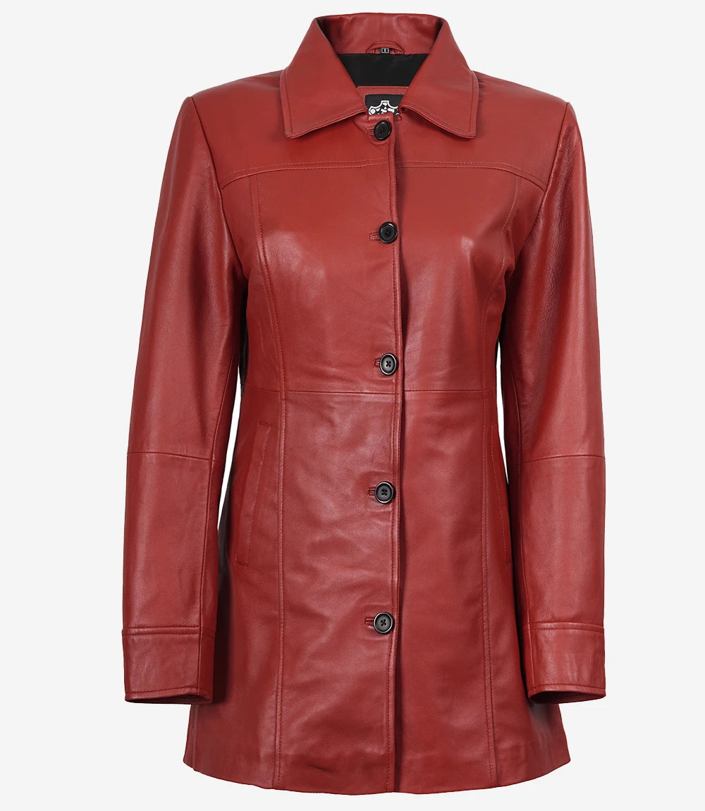 Women's Red Real Leather Car Coat