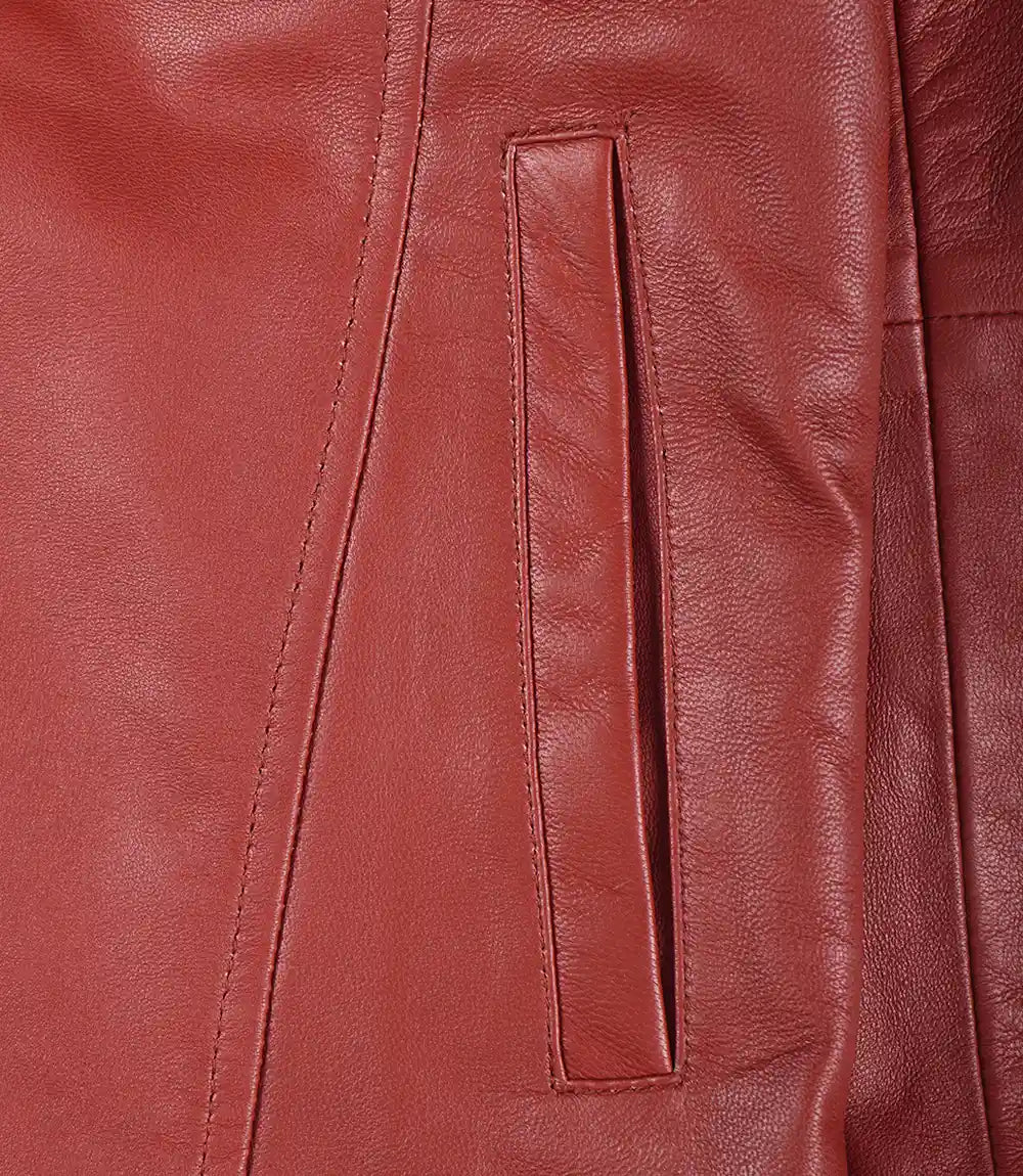 Women's Red Real Leather Car Coat