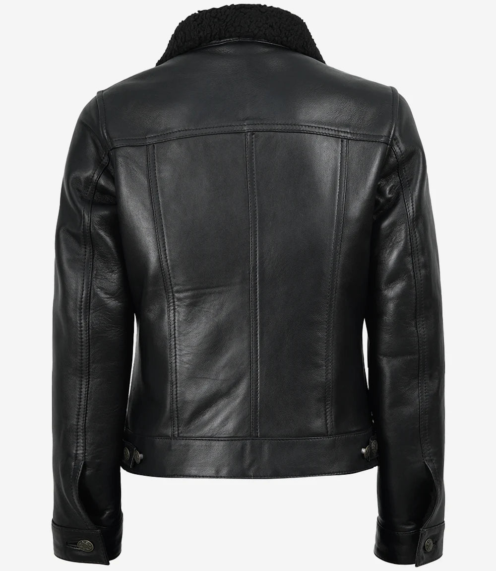 Women's Black Real Leather Trucker Jacket with Faux Sherpa Lining