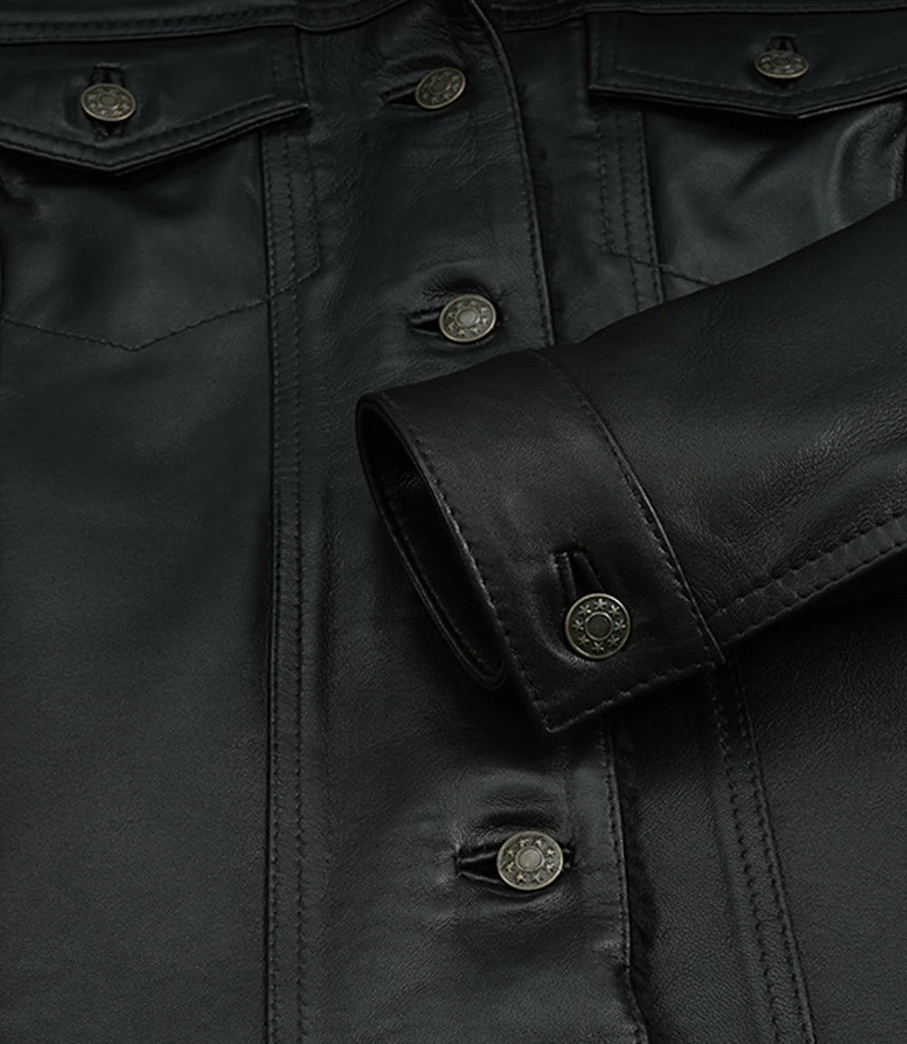 Women's Black Real Leather Trucker Jacket with Faux Sherpa Lining