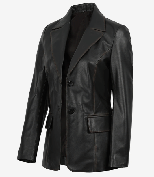 Women's Dark Brown Wax Lambskin Leather Blazer – Two Buttons