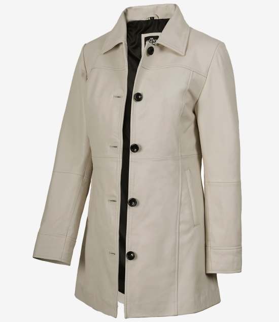 Women's Off White Real Leather Car Coat