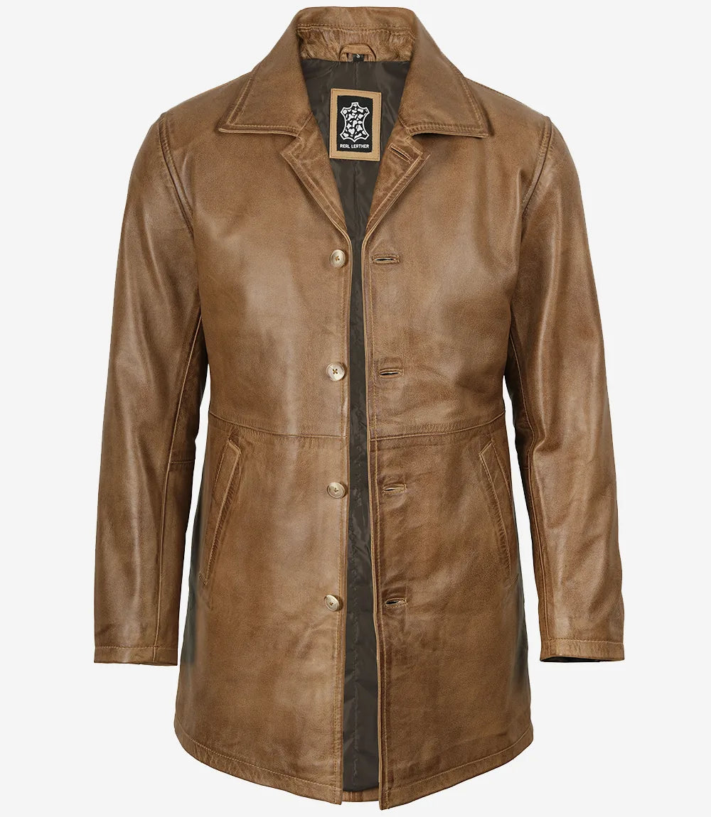 Men’s Real Leather Camel Brown 3/4 Length Car Coat