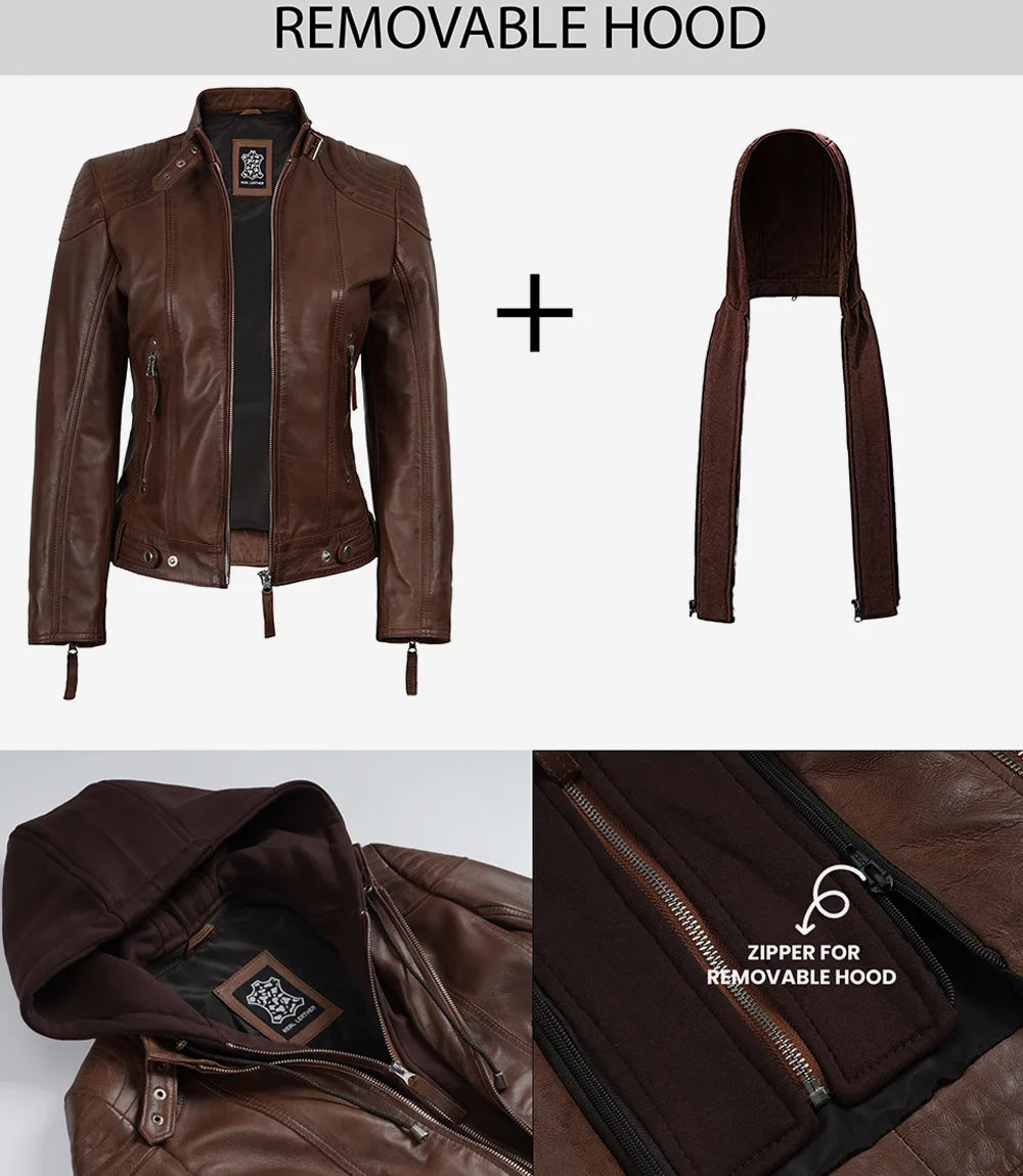 Women's Cognac 2-in-1 Real Lambskin Hooded Leather Jacket